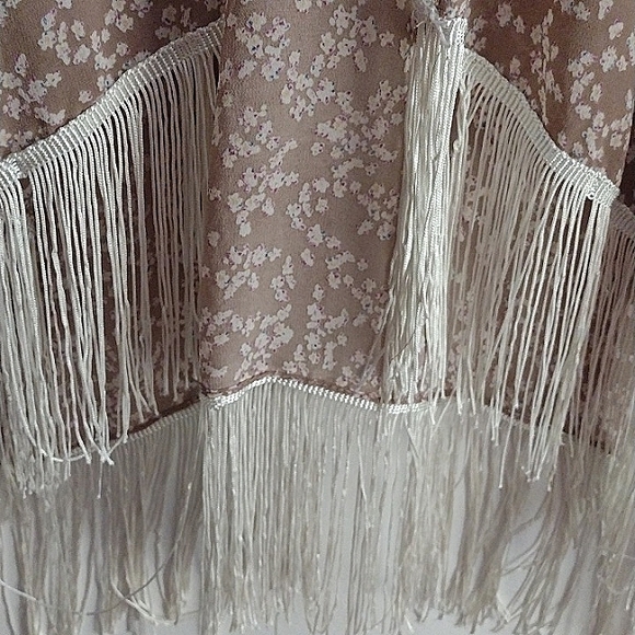 Tan Cardigan Style Poncho/Cover Up with White Fringe - Picture 6 of 7